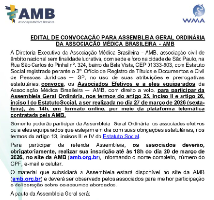  EDITAL DE CONVOCAÇÃO PARA ASSEMBLEIA GERAL ORDINÁRIA DA ASSOCIAÇÃO MÉDICA BRASILEIRA – AMB